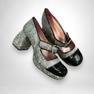 Manoush Glitter Mary Janes Chunky Heel Dress Shoes| Size 37